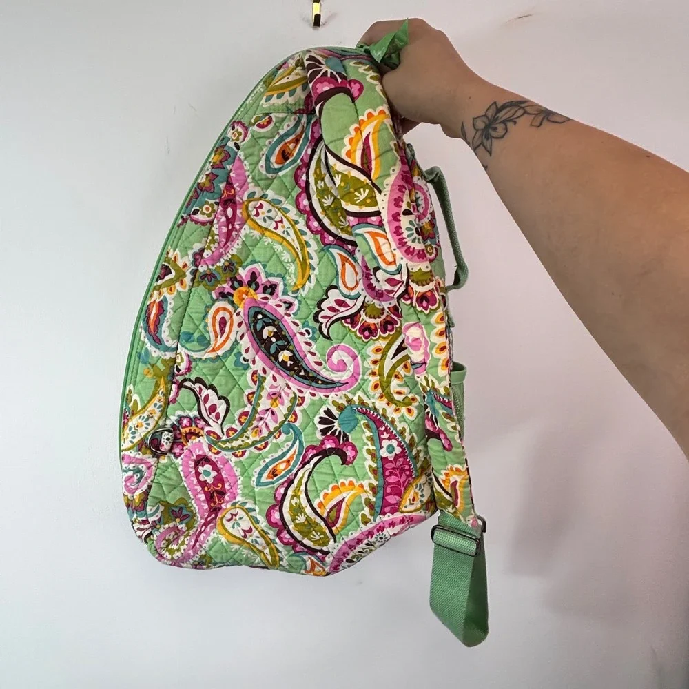 Vera Bradley Green Pink Paisley Quilted Sling Backpack Crossbody Bag
